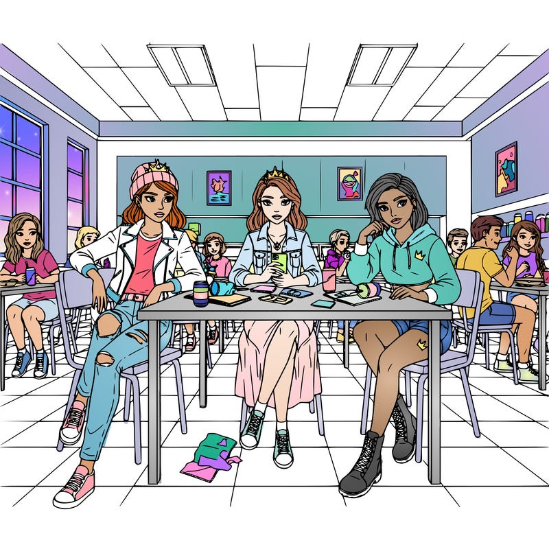 princesses in regular street clothes sitting at a table in a school cafeteria, other students at other tables, these are popular girls