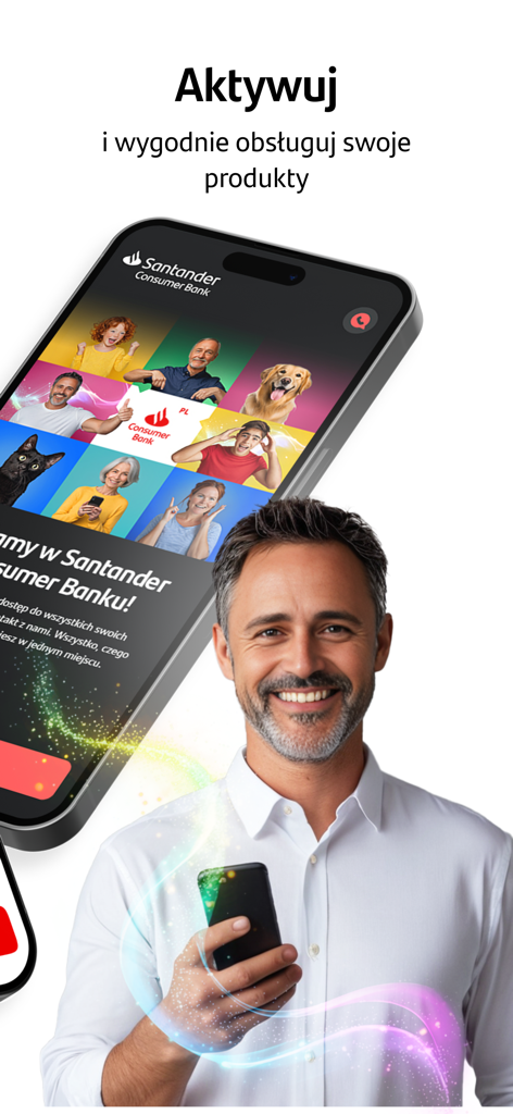 A smiling man holding a smartphone with the Santander Consumer Bank mobile app interface in the background.