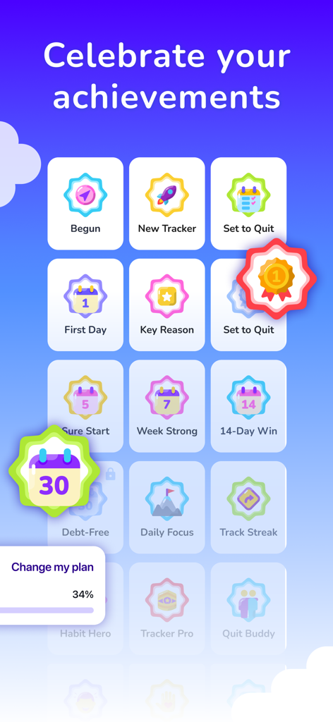 Puff Count: Quit Vaping Now - Écran des succès de l'application Puff Count affichant divers badges de jalons pour célébrer les progrès dans l'arrêt de la vape