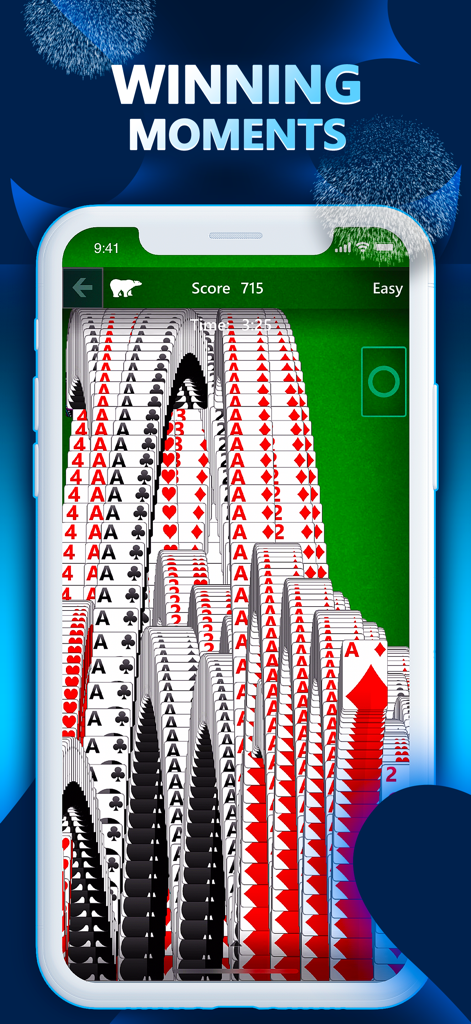 Momento de vitória no Microsoft Solitaire Collection mostrando cartas em cascata e animação de fogos de artifício em uma tela móvel