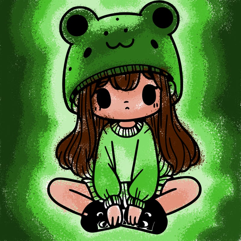 a girl wearing a frog hat and some frog socks