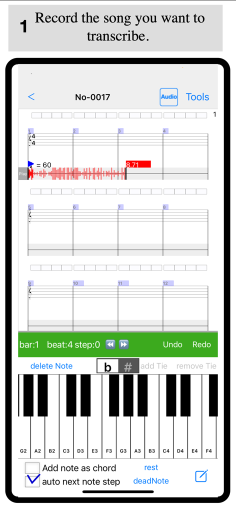 Notate + Play = music notebook - A music transcription interface showing a recorded audio waveform above a blank musical staff and a virtual piano keyboard.