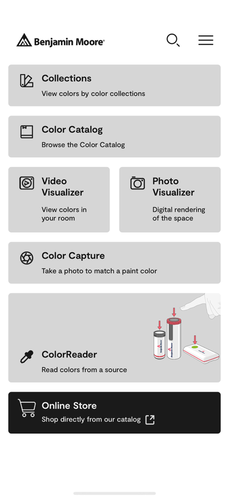 Color Portfolio - Die Startseite der Benjamin Moore Color Portfolio App mit Navigationsoptionen für Farbkataloge und Visualisierungswerkzeuge.