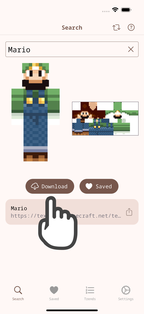 Interface mostrando resultados de pesquisa e visualização em 3D para uma skin de personagem do Minecraft