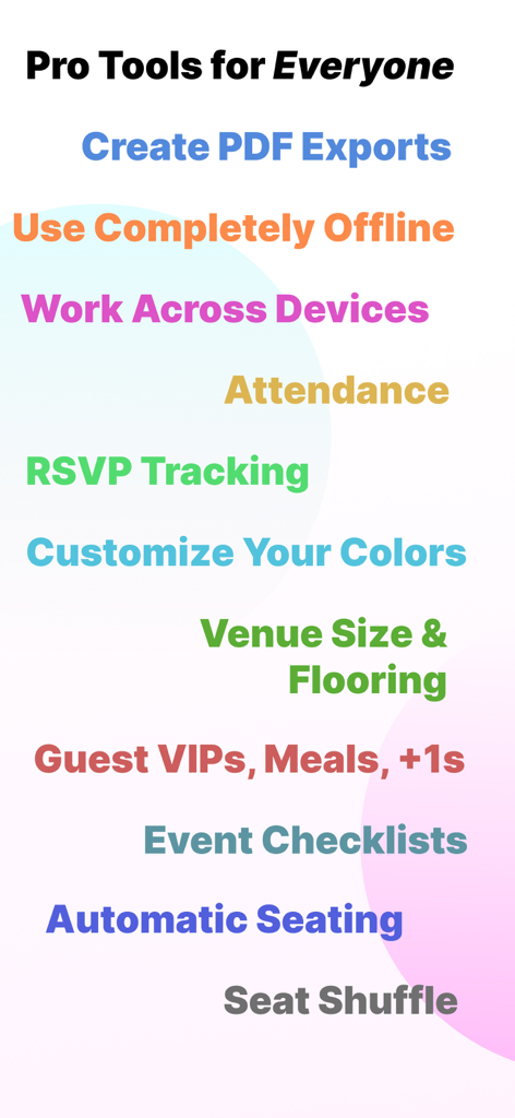 Wedding Seating Chart Planner - A list of professional event planning features including RSVP tracking, offline access, and automatic seating tools.
