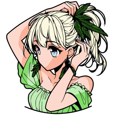 anime girl tucking her hair behind her ear with feathered earrings
