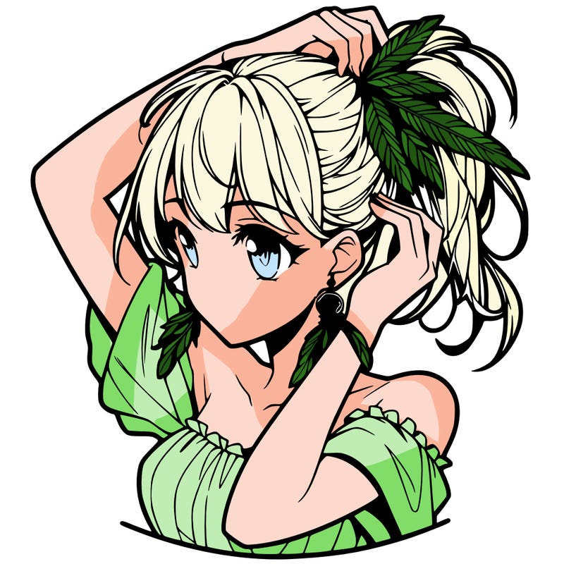 anime girl tucking her hair behind her ear with feathered earrings
