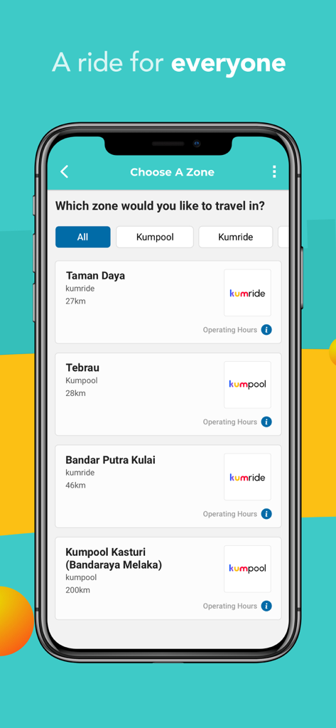 Kummute - Ride-pooling app - Kummute app interface showing various travel zones and service options like Kumpool and Kumride