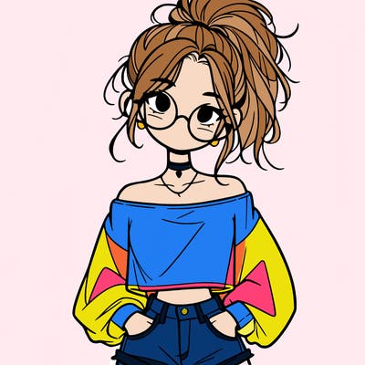 girl with a messy ponytail glasses a baggy crop top and jean shorts