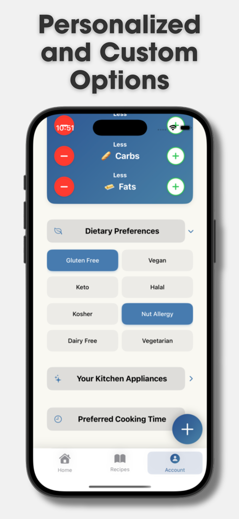 Recipi: AI Recipe Maker - Pantalla de la aplicación Recipi que muestra preferencias dietéticas personalizadas y ajustes de macronutrientes