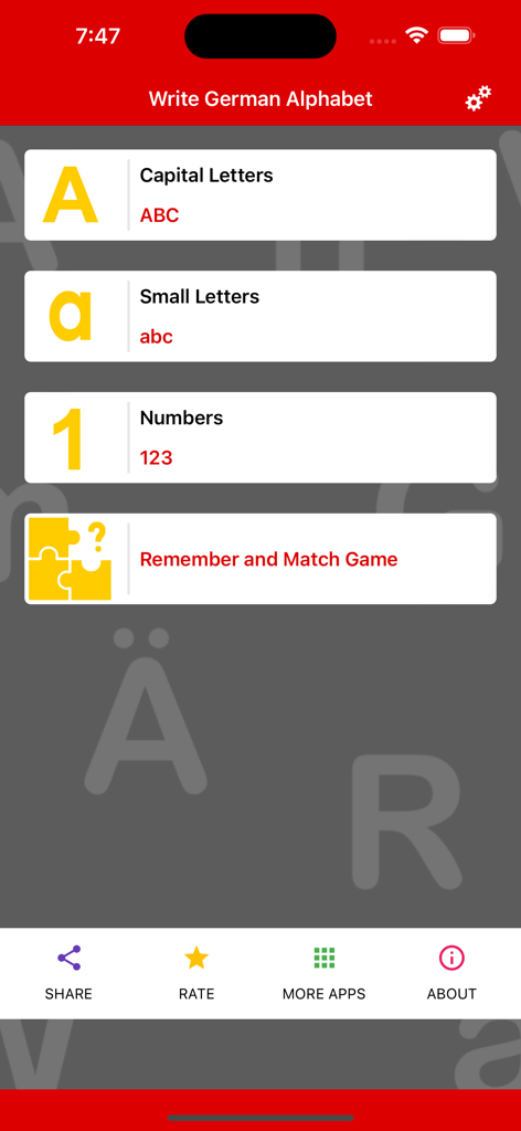 Write German Alphabet - ドイツ文字学習アプリのメインメニュー。大文字、小文字、数字、マッチングゲームのオプションが表示されています。