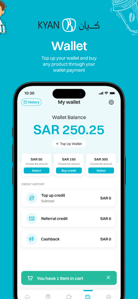 Kyan - Schermata del portafoglio digitale dell'app Kyan che mostra il saldo del conto in Riyal sauditi e opzioni per ricaricare il credito.