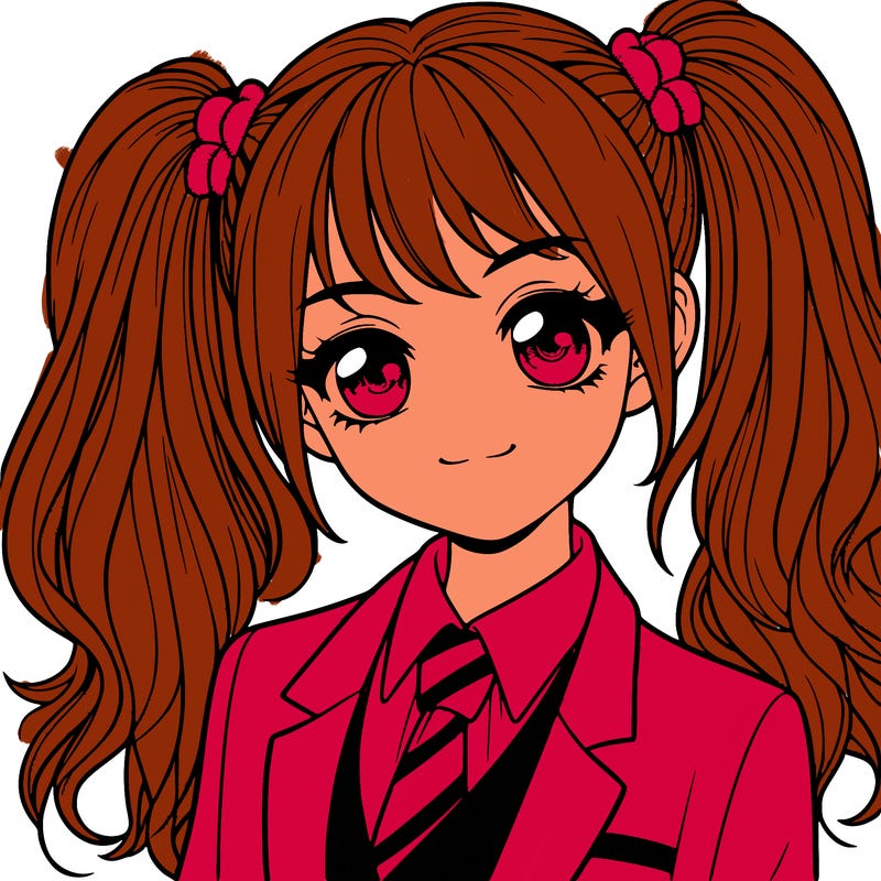 realistic girl with two ponytails and a suit on