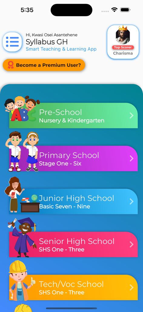 Syllabus GH - Pasco/Books/Quiz - Syllabus GH app home screen displaying educational levels from preschool to senior high school with colorful category buttons