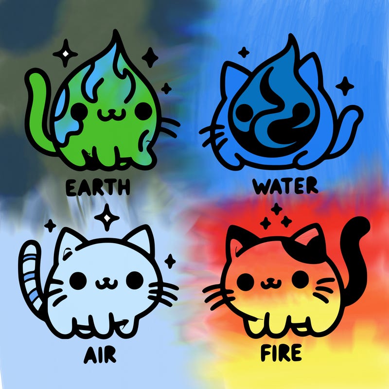 4 cats that represent the different elements, earth, water, air, and fire
