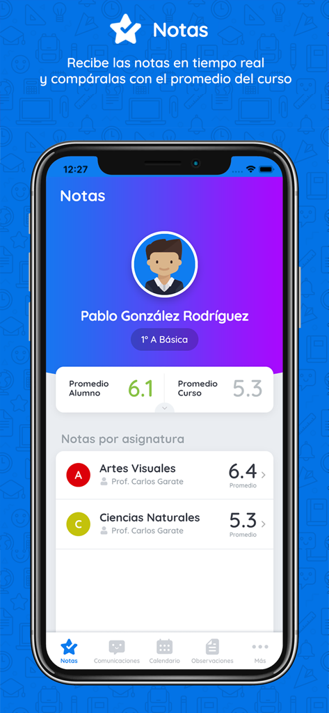 Appoderado - Appoderado mobile app interface showing student grades and class average comparison