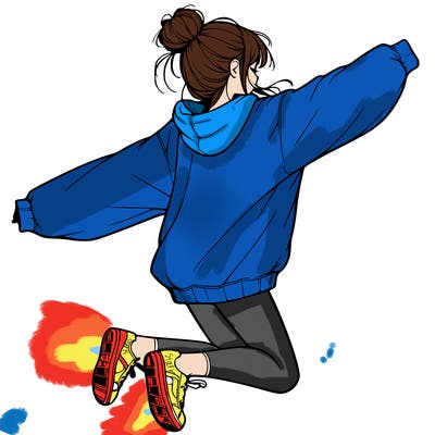 realistic girl jumping with a bun and oversized sweatshirt