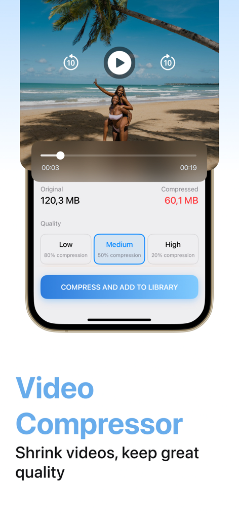Phone cleaner - Simple clean - Interfaz de la aplicación compresora de video Phone Cleaner que muestra opciones para reducir el tamaño de los archivos de video manteniendo la calidad.