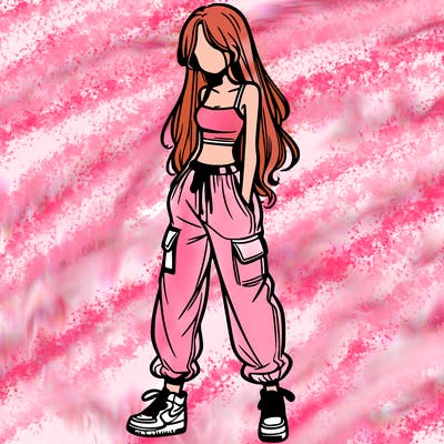 girl in baggy pants crop top and long hair