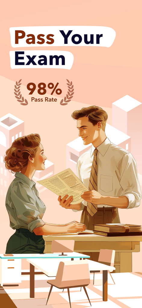 Illustrazione di professionisti in un ufficio con la scritta 'Supera il tuo esame' e il 98 percento di tasso di superamento.