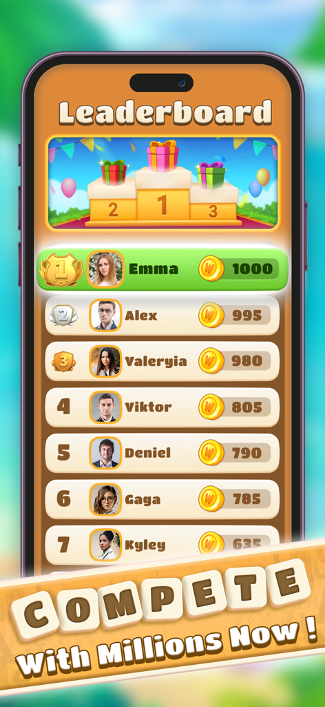 Un écran de classement dans le jeu Wordplay montrant les classements des joueurs et les scores en pièces