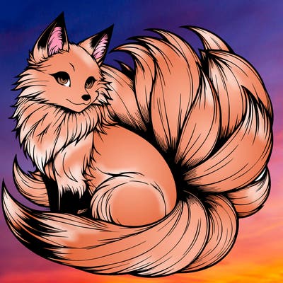 realistic detailed 9 tailed anime fox