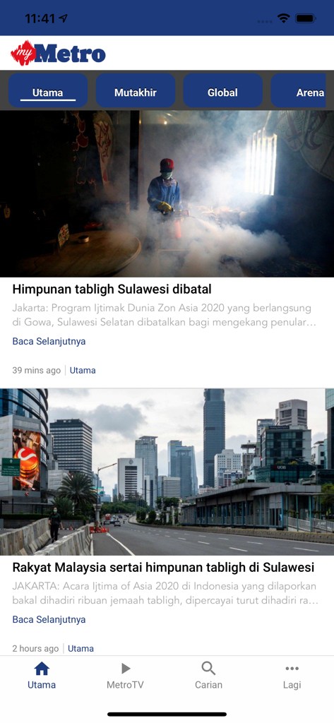Harian Metro Mobile - Harian Metro Mobile app interface showing the home feed with news articles in Malay language