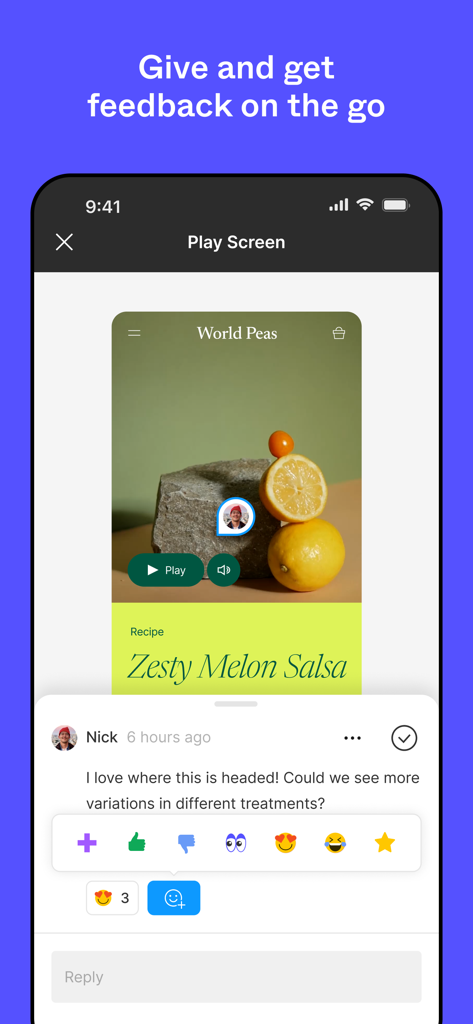 Figma - Interface of the Figma mobile app showing a design prototype with a team comment and emoji reactions.