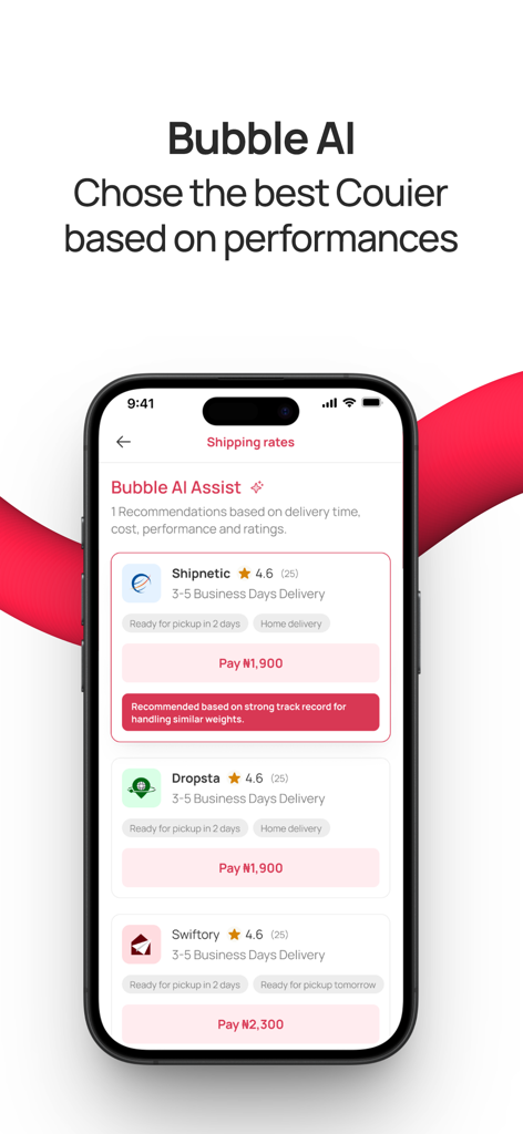 Shipbubble - Shipbubble app screen showing AI recommendations for best courier rates and delivery performance