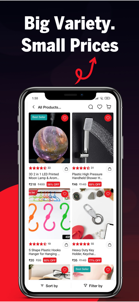 DeoDap DropShipping Wholesale - Uma tela de aplicativo móvel mostrando uma grande variedade de produtos domésticos e eletrônicos com preços de atacado e descontos.