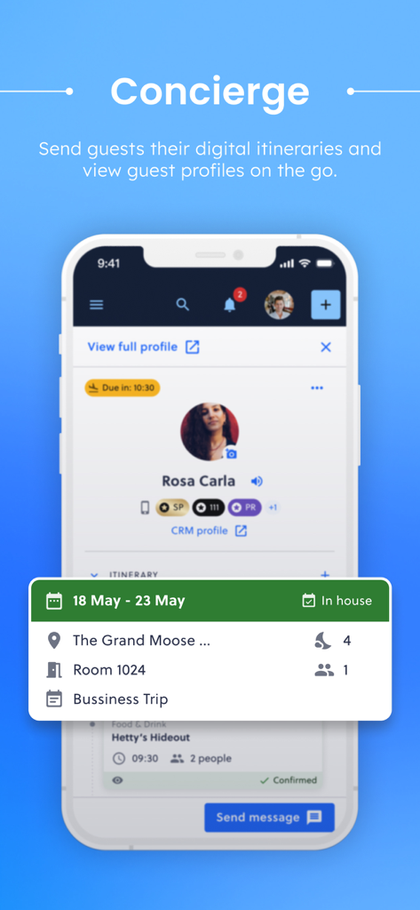 Alliants Staff App - Alliants Staff App concierge dashboard showing a guest profile and itinerary details