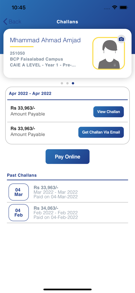 Beaconhouse app screen displaying student fee challans and online payment options
