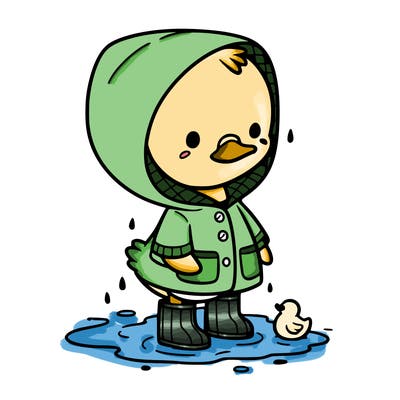 baby duck in a rain coat and boots, in a puddle while it’s raining