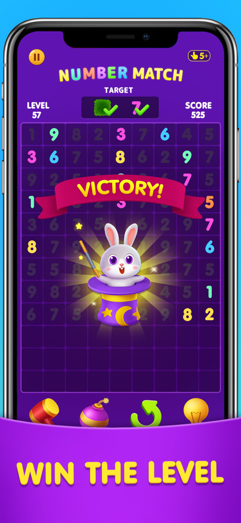 Number Match: Ten Crush Puzzle - Victory screen of the Number Match puzzle game featuring a cute white rabbit in a magician hat
