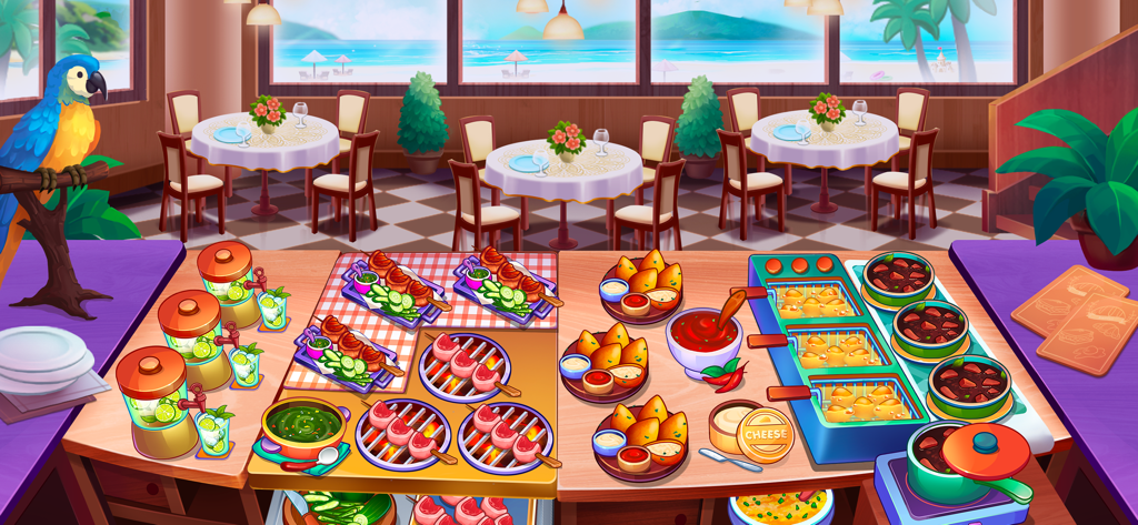 A beachside restaurant kitchen in Kitchen Crush game showing prepared skewers, empanadas, and drinks on a counter with a dining area in the background.
