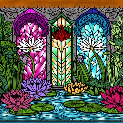 water lilies, stained glass window.