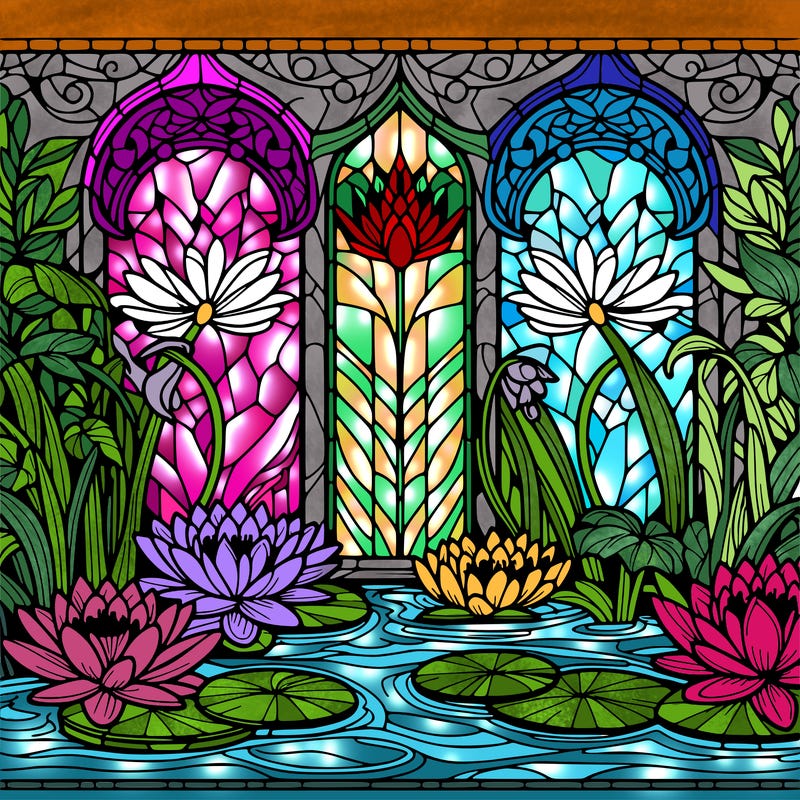 water lilies, stained glass window.
