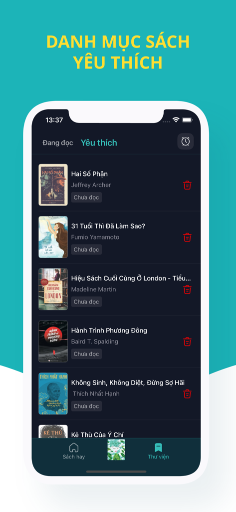 A mobile screen showing a list of favorite books in Vietnamese within the app