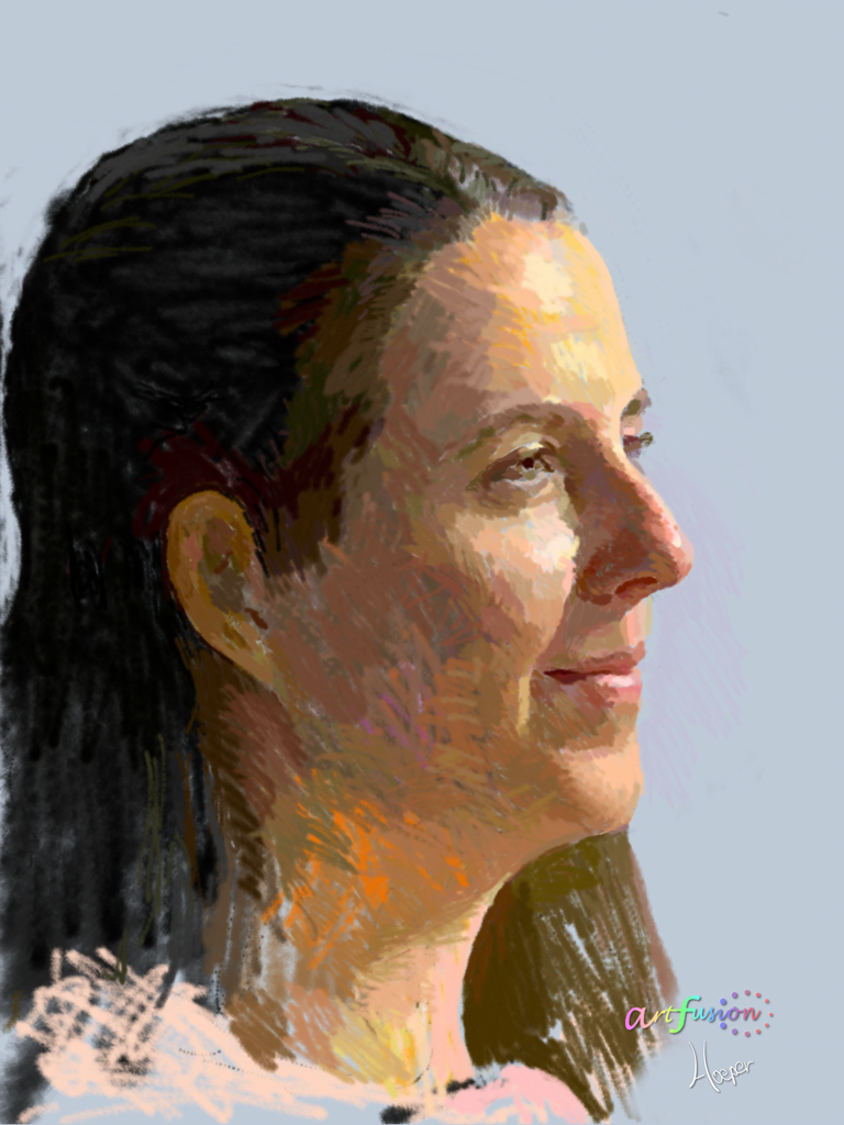 Un retrato digital del perfil de una mujer con pinceladas texturizadas y pictóricas creadas con MyArtTools