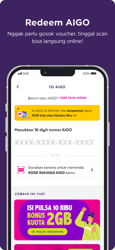 AXISNet - AXISNet 모바일 앱 인터페이스. 스캔 또는 수동 코드 입력을 통해 AIGO 바우처를 사용하는 화면입니다.