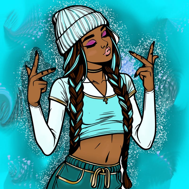 realistic teenage girl with braids and a beanie and crop top doing 🫶🏼