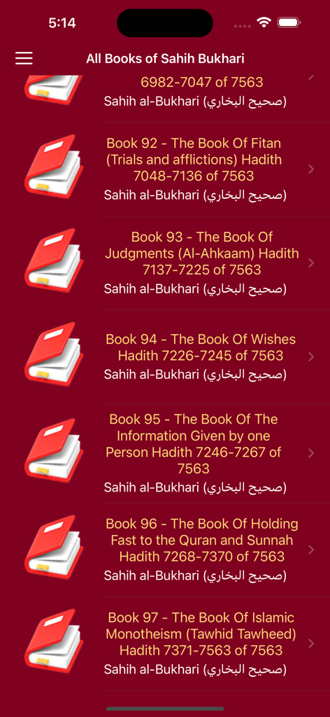 A list of Sahih Bukhari books in English showing different volumes and hadith numbers on a mobile screen