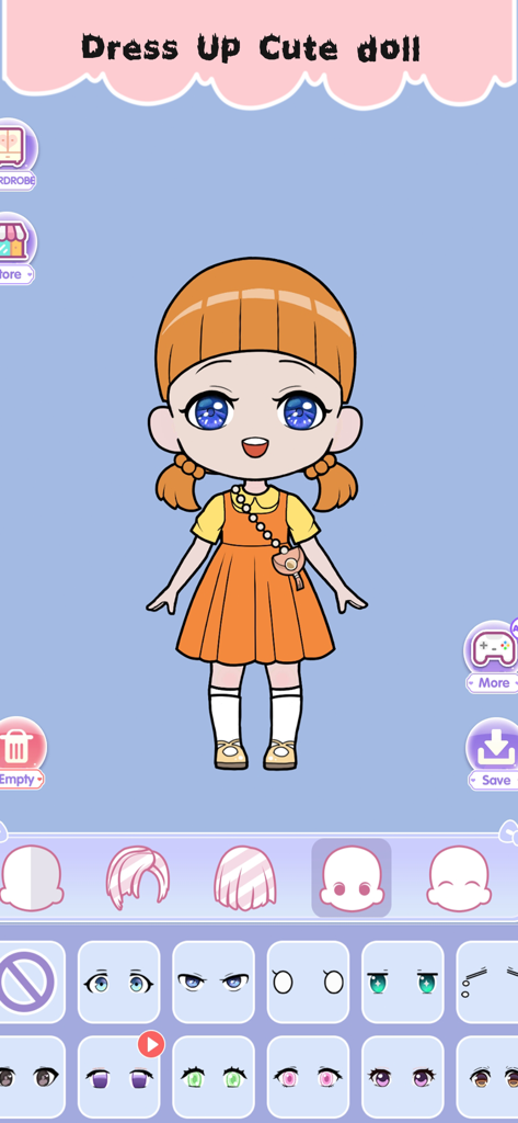 A character creation screen in Vlinder Dolls showing a cute chibi girl with orange pigtails and various eye and face shape options at the bottom.
