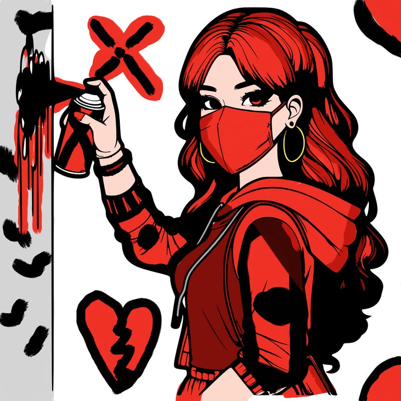 realistic girl with mask spray painting a wall