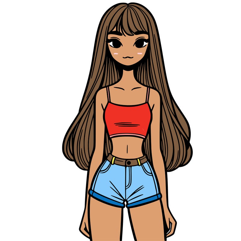 skinny girl with a crop top and short skirt and long hair