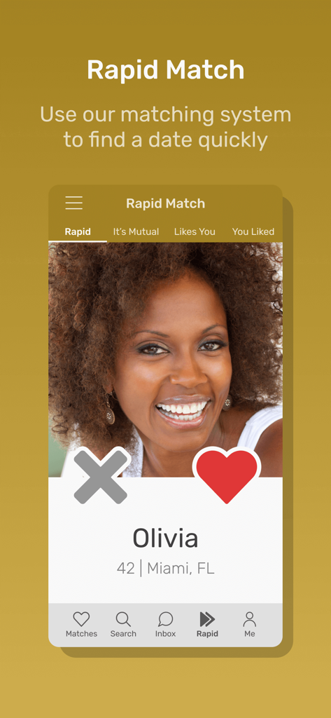 올리비아라는 이름의 싱글 여성 프로필을 보여주는 기독교 라이프스타일 데이트 앱의 빠른 매치 기능