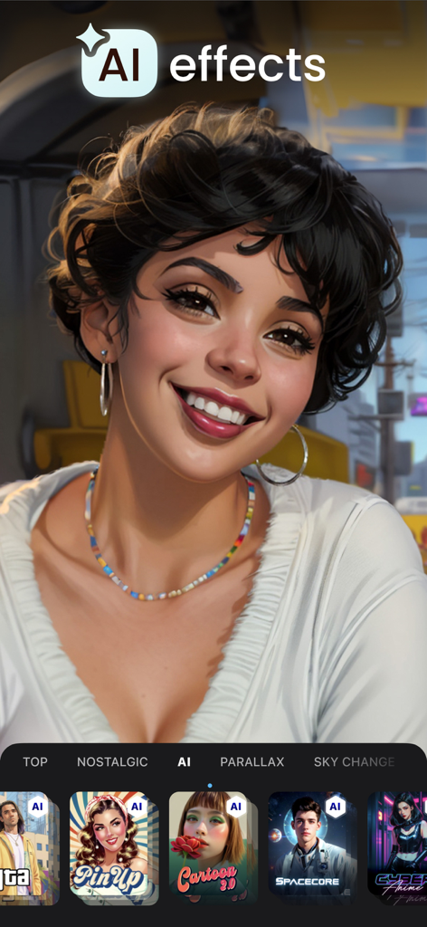 Video Maker & Editor: Dizzi AI - Interfaz de la aplicación Dizzi mostrando efectos de video IA y filtros de caricatura