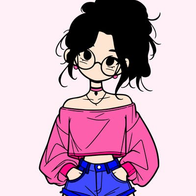 girl with a messy ponytail glasses a baggy crop top and jean shorts