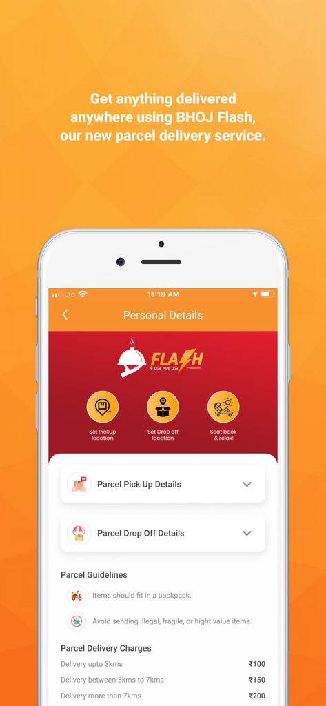 Bhojdeals (Now Bhoj) - Bhoj Flash parcel delivery interface showing pickup and drop off details with delivery pricing