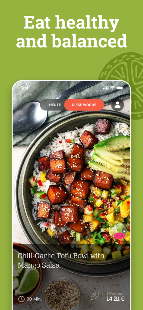 KptnCook Recipes & Cooking - A Chili-Garlic Tofu Bowl recipe with mango salsa displayed in the KptnCook app interface under the headline Eat healthy and balanced